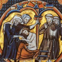 Les frères franciscains assistent à un consolamentum cathare. Bible de Blanche de Castille, XIIIe siècle. BnF