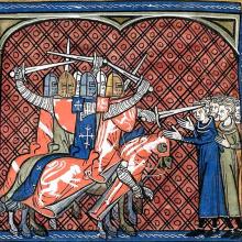 Les Croisés avec à leur tête Simon de Montfort, Chronique de Saint-Denis. British Library.