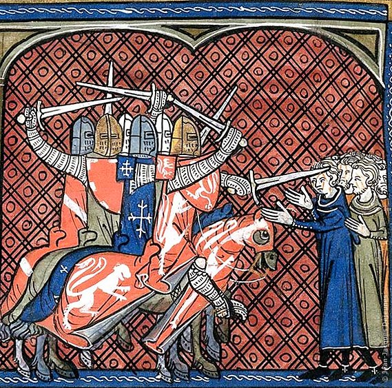 Les Croisés avec à leur tête Simon de Montfort, Chronique de Saint-Denis. British Library.