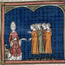 Innocent III excommuniant des Albigeois, Chronique de Saint-Denis. British Library