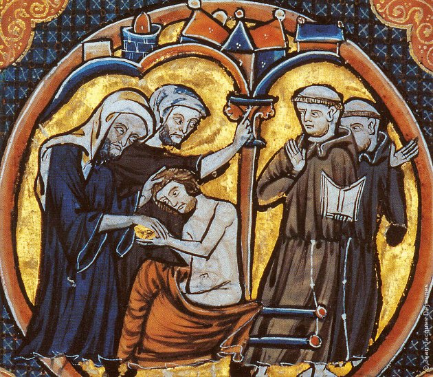 Les frères franciscains assistent à un consolamentum cathare. Bible de Blanche de Castille, XIIIe siècle. BnF